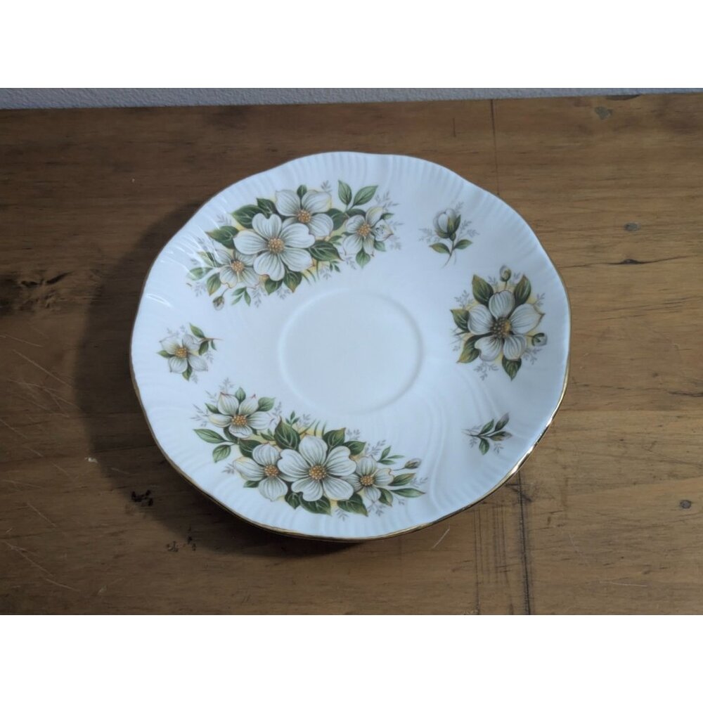 Queen's Staffordshire Dogwood Fine Bone China Saucer England Gold Trim Vintage
